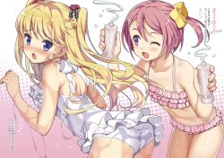 Rule 34 | 2girls, ;d, ass, bikini, blonde hair, blue eyes, blush, bow, breasts, casual one-piece swimsuit, collarbone, fang, flat chest, flower, frilled bikini, frilled swimsuit, frills, hair bow, hair flower, hair ornament, hamashima shigeo, highres, leaning forward, lotion, multiple girls, navel, one-piece swimsuit, one eye closed, open mouth, pink bikini, pink hair, purple eyes, scan, shiny skin, short sidetail, small breasts, smile, swimsuit, two side up, white one-piece swimsuit