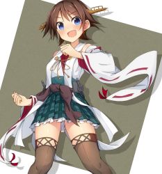 Rule 34 | 10s, 1girl, :d, blue eyes, blush, brown hair, brown thighhighs, detached sleeves, headgear, hiei (kancolle), kantai collection, md5 mismatch, metindone, no legwear, nontraditional miko, open mouth, resized, resolution mismatch, skirt, smile, solo, source larger, thighhighs