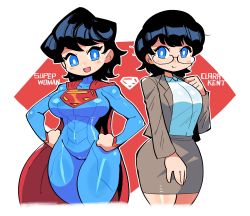Rule 34 | 1girl, absurdres, black hair, blouse, blue eyes, bodysuit, breasts, bright pupils, cape, character name, clara kent, dc comics, dual persona, formal, genderswap, glasses, highres, hiryou man (crap-man), large breasts, looking at viewer, multiple views, narrow waist, shirt, shirt tucked in, short hair, skirt, skirt suit, suit, superman, superman (series), superwoman, thick thighs, thighs, white shirt