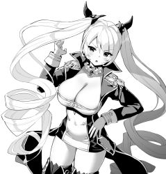 Rule 34 | 1girl, azur lane, azur lane: slow ahead, blush, breasts, cleavage, dress, drill hair, epaulettes, eyes visible through hair, greyscale, hand on own hip, highres, hori (hori no su), jacket, large breasts, long hair, long sleeves, military, military uniform, monochrome, nelson (azur lane), official art, open clothes, open jacket, open mouth, simple background, tight clothes, tight dress, twintails, uniform, white background