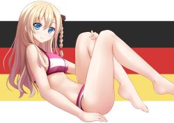 Rule 34 | 10s, 1girl, arm at side, bare arms, bare legs, bare shoulders, barefoot, bikini, blonde hair, blue eyes, braid, breasts, closed mouth, eyebrows, from side, german flag, high school fleet, highres, kazenokaze, large breasts, leaning back, legs up, letterboxed, long hair, looking at viewer, looking to the side, sideboob, single braid, sitting, smile, solo, striped bikini, striped clothes, swimsuit, tareme, thighs, wilhelmina braunschweig ingenohl friedeburg