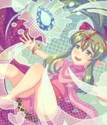 Rule 34 | 1girl, bellfloweeeer, bracelet, dress, fire emblem, fire emblem: mystery of the emblem, green eyes, green hair, highres, jewelry, long hair, nintendo, one-hour drawing challenge, open mouth, outstretched arms, pointy ears, ponytail, solo, spread arms, stone, tiara, tiki (fire emblem), tiki (young) (fire emblem)
