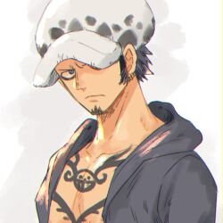 Rule 34 | 1boy, black hair, chest tattoo, coat, earrings, facial hair, goatee, hat, jewelry, looking at viewer, male focus, one piece, potechi norisio, short hair, sideburns, simple background, solo, tattoo, torso, trafalgar law, upper body, white background