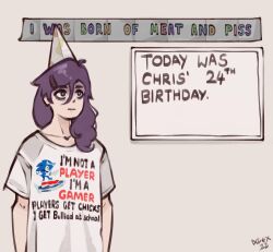 Rule 34 | bags under eyes, clothes writing, hat, highres, meme, non-web source, original, party hat, purple hair, shirt, sonic the hedgehog, t-shirt