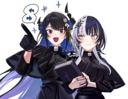 Rule 34 | 2girls, absurdres, alternate costume, arrow (symbol), asymmetrical horns, black capelet, black dress, black gloves, black hair, black horns, black nails, blue hair, blush, book, capelet, cassock, clerical collar, closed mouth, colored inner hair, commentary, cross, cross earrings, demon horns, dress, earrings, english commentary, fingerless gloves, flower knot, gloves, grey hair, hair ornament, highres, holding, holding book, hololive, hololive english, horn flower, horns, jewelry, long hair, long sleeves, looking ahead, looking at another, looking to the side, mole, mole under eye, multicolored hair, multiple girls, multiple rings, nail polish, nerissa ravencroft, open mouth, parted bangs, pointing, purple eyes, red eyes, ring, shiori novella, sidelocks, simple background, slit pupils, smile, speech bubble, split-color hair, spoken object, streaked hair, tassel, tassel hair ornament, two-tone hair, uneven horns, upper body, very long hair, virtual youtuber, white background, white hair, yellow eyes, yomosaka, yorick (shiori novella)