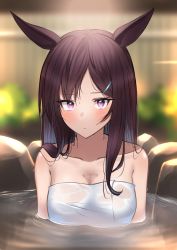 Rule 34 | 1girl, animal ears, bare shoulders, blurry, blurry background, breasts, brown hair, bust cup, cleavage, closed mouth, collarbone, hair ornament, hairclip, highres, horse ears, kuro imu, light blush, long hair, looking at viewer, medium breasts, mejiro dober (umamusume), naked towel, onsen, partially submerged, purple eyes, solo, towel, umamusume, upper body, water