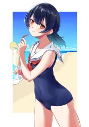 Rule 34 | 1girl, alt text, beach, blue dress, blue hair, blue one-piece swimsuit, casual, cloud, cloudy sky, covered navel, cowboy shot, cup, dark blue hair, dress, drink, drinking straw, food, fruit, hair between eyes, highres, holding, holding cup, idolmaster, idolmaster shiny colors, kaiso (kaisooekaki), looking at viewer, morino rinze, neckerchief, ocean, one-piece swimsuit, orange (fruit), orange slice, outdoors, red eyes, red neckerchief, sailor collar, sand, sky, smile, solo, swimsuit, water, white sailor collar