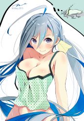 Rule 34 | 10s, 1girl, 2015, aged up, ahoge, alternate breast size, aqua hair, artist name, bad id, bad pixiv id, bare shoulders, breasts, cleavage, dated, dreaming, female focus, grey eyes, grey hair, hair ribbon, highres, imagining, kantai collection, kiyoshimo (kancolle), large breasts, long hair, looking at viewer, low twintails, multicolored hair, no bra, no panties, purple eyes, ribbon, sleeping, smile, solo, tebi (tbd11), thought bubble, twintails, very long hair, zzz