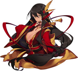 Rule 34 | &gt;:/, 1girl, :/, black hair, breasts, closed mouth, commentary, cropped torso, dark-skinned female, dark skin, deathalice, hair between eyes, hair ornament, head tilt, holding, holding knife, japanese clothes, jewelry, kimono, knife, large breasts, long hair, looking at viewer, obi, original, pendant, sash, simple background, solo, very long hair, white background, wide sleeves, yellow eyes