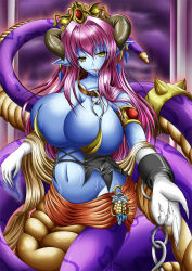 Rule 34 | 1girl, armlet, bare shoulders, blue skin, breasts, bursting breasts, chain, collar, colored skin, cuffs, curvy, earrings, female focus, fingernails, gloves, groin, hair intakes, hair ornament, hentai usimoyou, horns, huge breasts, jewelry, lamia, long hair, looking at viewer, monster girl, navel, pink hair, pointy ears, saliva, solo, tiara, tongue, yellow eyes