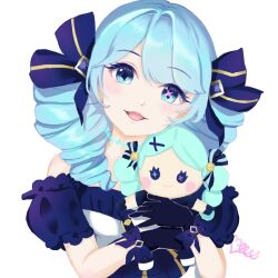 Rule 34 | 1girl, :d, bare shoulders, black bow, black gloves, black sleeves, bow, breasts, character doll, detached sleeves, doll, hugging doll, dress, drill hair, gloves, green eyes, green hair, gwen (league of legends), hair bow, highres, holding, holding doll, league of legends, long hair, hugging object, open mouth, ra busan, small breasts, smile, solo, twin drills, twintails