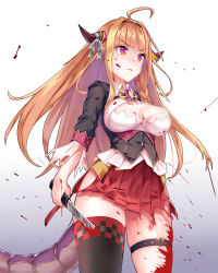 Rule 34 | 1girl, absurdres, ahoge, asymmetrical legwear, black thighhighs, blonde hair, blood, blood on clothes, blood on face, blood on hands, blood splatter, bloody weapon, blunt bangs, breasts, cleavage, commentary request, determined, dragon girl, dragon horns, dragon tail, gradient background, hairband, highres, holding, holding knife, hololive, horn ornament, horn ribbon, horns, kiryu coco, kiryu coco (1st costume), knife, large breasts, long hair, looking to the side, mogmog, multicolored hair, orange hair, pleated skirt, red eyes, red skirt, ribbon, side slit, simple background, single thighhigh, skirt, solo, standing, streaked hair, tail, thigh strap, thighhighs, torn clothes, torn skirt, two-tone hair, uneven legwear, v-shaped eyebrows, virtual youtuber, weapon