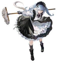 Rule 34 | 1girl, absurdres, ankle boots, apron, arms behind back, au ra, black bow, black bowtie, black dress, black footwear, black gloves, blue eyes, blue hair, boots, bow, bowtie, center frills, commentary, dragon girl, dragon horns, dragon tail, dress, expressionless, final fantasy, final fantasy xiv, frilled apron, frilled sleeves, frills, full body, gloves, grey socks, heterochromia, highres, holding, holding mop, horns, leaning forward, long hair, looking at viewer, maid, maid apron, maid headdress, mop, scales, shikina (mochigushi ), shirt, simple background, socks, solo, standing, tail, twintails, warrior of light (ff14), white apron, white background, white shirt, yellow eyes