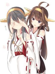 Rule 34 | 10s, 2girls, ahoge, bare shoulders, brown hair, closed mouth, collarbone, covering another&#039;s eyes, covering own eyes, detached sleeves, eyebrows, finger to own chin, flower, hair ornament, hairclip, haruna (kancolle), headgear, index finger raised, kantai collection, kongou (kancolle), long hair, looking at another, multiple girls, nontraditional miko, open mouth, purple eyes, sidelocks, simple background, white background, wide sleeves, yuki (yukin0128)