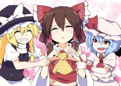 Rule 34 | 3girls, :&lt;, ascot, bat wings, blonde hair, blue hair, bow, braid, brooch, brown eyes, brown hair, detached sleeves, dress, closed eyes, fang, female focus, grin, hair bow, hair tubes, hakurei reimu, hat, heart, heart hands, japanese clothes, jewelry, kirisame marisa, leon (mikiri hassha), long hair, md5 mismatch, midriff, miko, multiple girls, navel, open mouth, red eyes, remilia scarlet, short hair, smile, tears, touhou, upper body, wings, witch, witch hat