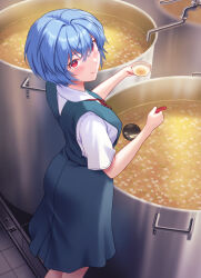 Rule 34 | 1girl, ayanami rei, blue hair, blue skirt, blurry, blurry background, blush, bowl, breasts, closed mouth, collared shirt, commentary, cooking pot, dress shirt, faucet, food, from above, from behind, from side, hair between eyes, highres, holding, holding bowl, holding ladle, ladle, looking at viewer, looking back, looking to the side, looking up, medium breasts, neon genesis evangelion, red eyes, school uniform, shirt, short hair, short sleeves, skirt, smile, solo, soup, tile floor, tiles, tokyo-3 middle school uniform, upturned eyes, vat, white shirt, yahha