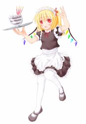 Rule 34 | 1girl, alternate costume, apron, arm up, bad id, bad pixiv id, blonde hair, blush, enmaided, fang, flandre scarlet, food, frilled apron, frilled skirt, frills, full body, hair ribbon, highres, hishi (radioiso), looking at viewer, maid, maid apron, maid headdress, mary janes, open mouth, over-kneehighs, parfait, pocky, red eyes, ribbon, shoes, short hair, short sleeves, side ponytail, skirt, solo, standing, standing on one leg, thighhighs, touhou, tray, waist apron, white thighhighs, zettai ryouiki