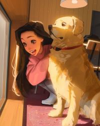 Rule 34 | 1girl, brown eyes, brown hair, collar, dog, highres, indoors, lips, long hair, long sleeves, open mouth, photo-referenced, real life, sam yang, sitting, squatting, surprised, teeth, window