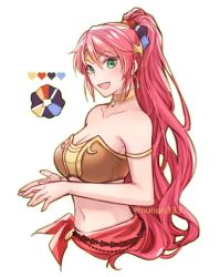 Rule 34 | 1girl, :d, armlet, breasts, choker, cleavage, collarbone, green eyes, hair between eyes, hair ornament, high ponytail, large breasts, long hair, looking at viewer, midriff, navel, nunun, open mouth, pyrrha nikos, red hair, rwby, simple background, smile, solo, stomach, strapless, twitter username, very long hair, white background