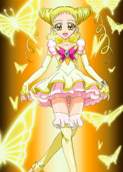 Rule 34 | 00s, 1girl, blonde hair, bug, butterfly, choker, crossed legs, cure lemonade, detached sleeves, dress, drill hair, earrings, flat chest, frills, highres, inanaki shiki, insect, jewelry, kasugano urara (yes! precure 5), long hair, magical girl, orange eyes, panties, precure, short dress, sitting, solo, thigh gap, thighhighs, thighs, twin drills, underwear, yellow panties, yellow thighhighs, yes! precure 5, zettai ryouiki