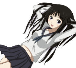 Rule 34 | 10s, 1girl, a.ringo, black hair, black skirt, chitanda eru, hands in hair, highres, hyouka, long hair, looking at viewer, midriff, navel, open mouth, pleated skirt, purple eyes, school uniform, simple background, skirt, solo, white background