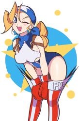 Rule 34 | bare shoulders, blonde hair, blue eyes, boots, boxing gloves, breasts, headband, highres, jeffmiga, justice gakuen, large breasts, leotard, long hair, looking at viewer, one eye closed, tiffany lords, wink
