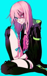 Rule 34 | 1girl, absurdres, black choker, black footwear, black jacket, blue eyes, boots, braid, choker, commentary request, facial tattoo, hair between eyes, hair ribbon, heart, heart tattoo, heterochromia, highres, hood, hooded jacket, jacket, lips, looking at viewer, original, pink hair, red eyes, ribbon, simple background, solo, tattoo, thigh boots, thigh strap, thighhighs, thighs, twin braids, urkt 10