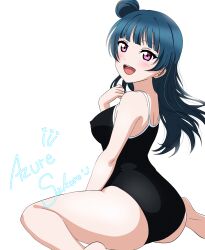 1girl artist_name ass azuresakura black_one-piece_swimsuit blue_hair hair_bun highres long_hair looking_at_viewer love_live! love_live!_sunshine!! one-piece_swimsuit open_mouth purple_eyes school_swimsuit simple_background single_hair_bun single_side_bun sitting smile solo swimsuit tsushima_yoshiko wariza white_background