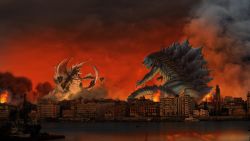 Rule 34 | 2boys, battle, city, claws, commentary request, destruction, duel, fire, full body, giant, gigan, glowing, glowing eyes, godzilla, godzilla: planet of the monsters, godzilla (series), godzilla earth, highres, horns, kaijuu, monster, multiple boys, no humans, red eyes, scales, seaguns, sharp teeth, size difference, smoke, spikes, standing, tail, teeth, weapon