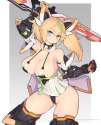 Rule 34 | 1girl, arm up, armor, armored boots, bare shoulders, black armor, black choker, black gloves, black panties, blonde hair, blue eyes, boots, breasts, cameltoe, choker, cleavage, cleft of venus, closed mouth, collarbone, commentary request, dress, gene (pso2), gloves, gradient background, green hair, grey background, hair between eyes, halterneck, head tilt, headgear, highleg, highleg panties, holding, holding weapon, large breasts, long hair, looking at viewer, microdress, multicolored hair, orange gloves, panties, phantasy star, phantasy star online 2, saltydanshark, shiny skin, smile, solo, standing, streaked hair, thigh boots, thighhighs, twintails, twitter username, underwear, weapon