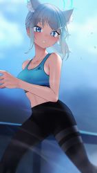 Rule 34 | 1girl, absurdres, alternate costume, alternate hairstyle, animal ear fluff, animal ears, blue archive, blue eyes, cross hair ornament, extra ears, grey hair, hair ornament, halo, highres, kazane-wind, mismatched pupils, pants, ponytail, running, shiroko (blue archive), sports bra, sportswear, sweat, track pants