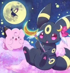 Rule 34 | animal hands, black eyes, blue sky, blush stickers, bow, claws, clefairy, cloud, colored sclera, creatures (company), crescent, cresselia, fang, flying, full body, game freak, gen 1 pokemon, gen 2 pokemon, gen 4 pokemon, hands up, heart, highres, holding, kemoribon, legendary pokemon, moon, night, night sky, nintendo, no humans, open mouth, outdoors, pawpads, pink bow, pink sclera, pokemon, pokemon (creature), purple eyes, sitting, sky, standing, star (sky), star (symbol), starry sky, umbreon, wand