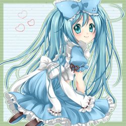 Rule 34 | 1girl, alice (alice in wonderland), alice (alice in wonderland) (cosplay), alice in musicland (vocaloid), alice in wonderland, apron, aqua eyes, aqua hair, cosplay, dress, female focus, frills, hatsune miku, kneeling, long hair, looking back, smile, solo, twintails, very long hair, vocaloid, yupachi