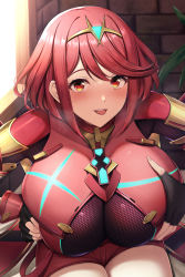 Rule 34 | 1girl, absurdres, black gloves, blush, breasts, breasts squeezed together, chest jewel, earrings, fingerless gloves, gloves, grabbing own breast, highres, huge breasts, jewelry, kannko bokujou, looking at viewer, nintendo, parted lips, pyra (xenoblade), red eyes, red hair, red shorts, short hair, short shorts, shorts, sidelocks, smile, solo, swept bangs, thighs, tiara, tongue, tongue out, xenoblade chronicles (series), xenoblade chronicles 2