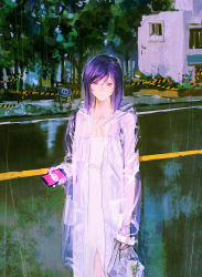 Rule 34 | 1boy, bag, black hair, caution tape, closed mouth, collarbone, dress, epic seven, expressionless, gundam, highres, holding, holding bag, holding phone, huangdanlan, jacket, looking at viewer, medium hair, outdoors, phone, rain, raincoat, red eyes, road, see-through, see-through jacket, shopping bag, sign, solo, street, tieria erde, warning sign, white dress