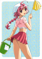 Rule 34 | 00s, 1girl, :d, absurdres, ahoge, ass, back, bandaid, blush, blush stickers, braid, bucket, cleaning, cowboy shot, duster, fang, female focus, from behind, happy, head scarf, highres, long hair, looking at viewer, looking back, midriff, miniskirt, nakahara komugi, no panties, nurse witch komugi-chan, open mouth, outside border, pink hair, pleated skirt, red skirt, short sleeves, single braid, skirt, smile, solo, upskirt, watanabe akio