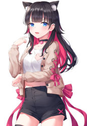 Rule 34 | 1girl, animal ear fluff, animal ears, black choker, black hair, black shorts, blue eyes, breasts, brown jacket, cat ears, choker, colored inner hair, cowboy shot, crop top, ear piercing, extra ears, frown, hand up, high-waist shorts, highres, jacket, kemonomimi mode, long hair, long sleeves, looking at viewer, medium breasts, midriff, multicolored hair, open clothes, open jacket, open mouth, original, piercing, shirt, short shorts, shorts, simple background, solo, soyubee, thighhighs, two-tone hair, white background, white shirt