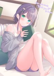 Rule 34 | 1girl, aqua eyes, armpit crease, artist name, bare legs, bed sheet, breasts, closed mouth, collarbone, commentary request, commission, dutch angle, eyelashes, feet, foot out of frame, grey jacket, hair ornament, hands up, highres, holding, indoors, jacket, jewelry, kmr 7m, knees up, leaning back, legs, long hair, looking at viewer, mole, mole under eye, necklace, open clothes, open jacket, original, parted bangs, purple hair, purple shorts, shadow, short shorts, shorts, sidelocks, sitting, skeb commission, small breasts, smile, soles, solo, tank top, thighs, toenails, toes, white tank top, window