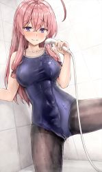 Rule 34 | 1girl, ahoge, bathroom, bathtub, black pantyhose, blue eyes, blue one-piece swimsuit, blush, breasts, closed mouth, collarbone, commentary request, dripping, embarrassed, hair between eyes, hair tie, highres, holding, holding shower head, koyuki (kotatsu358), large breasts, leaning to the side, leg up, long hair, looking at viewer, low-tied long hair, one-piece swimsuit, original, pantyhose, pantyhose under swimsuit, pink hair, school swimsuit, shower head, showering, solo, swimsuit, tile wall, tiles, water, wet
