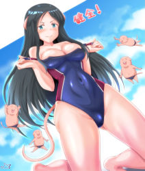 Rule 34 | 1girl, animal, animal ears, bad id, bad pixiv id, bare shoulders, black hair, blue eyes, blue one-piece swimsuit, blush, breasts, cameltoe, cleavage, cloud, covered navel, day, hadano miki, hair strand, highres, kneeling, large breasts, long hair, mouse ears, mouse girl, mouse tail, multiple boys, murenase! shiiton gakuen, naked mole rat, one-piece swimsuit, outdoors, samenoido, sky, smile, solo focus, swimsuit, tail, undressing, v-shaped eyebrows