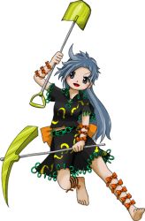 Rule 34 | 1girl, barefoot, belt, gold, grey eyes, grey hair, himemushi momoyo, holding, holding pickaxe, holding shovel, jewelry, long hair, mullet, official art, patterned clothing, pickaxe, ribbon, ring, shovel, smile, solo, stomach, tools, touhou, transparent background, unconnected marketeers, zun (artist)
