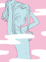 Rule 34 | 1girl, adjusting hair, arms up, bad id, bad pixiv id, censored, convenient censoring, digimon, digimon adventure, gerusyu, hair tie, hairdressing, monochrome, mouth hold, navel, pink theme, ponytail, sidelocks, simple background, solo, steam, steam censor, tachikawa mimi
