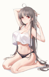 Rule 34 | 1girl, ahoge, arm behind head, arm up, armpits, bare arms, bare legs, bare shoulders, barefoot, black panties, breasts, camisole, cleavage, closed mouth, collarbone, crop top, crop top overhang, ear piercing, emyo, expressionless, grey hair, groin, hand up, large breasts, lingerie, long hair, looking at viewer, navel, no pants, original, panties, piercing, red eyes, seiza, shirt, sidelocks, simple background, sitting, sleeveless, sleeveless shirt, solo, spaghetti strap, stomach, thighs, underwear, very long hair, white background, white shirt