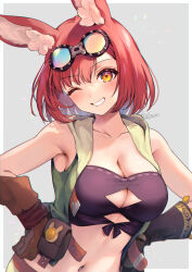 Rule 34 | 1girl, animal ears, bare shoulders, blush, border, brown gloves, calm mashiro, cleavage cutout, clothing cutout, commentary request, etrian odyssey, gloves, goggles, goggles on head, grey background, grin, hands on own hips, head tilt, hound (sekaiju), hound 2 (sekaiju), looking at viewer, midriff, navel, one eye closed, open clothes, open vest, outside border, pink hair, pouch, sekaiju no meikyuu, sekaiju no meikyuu 5, short hair, simple background, smile, solo, stomach, strapless, tube top, upper body, vest, white border, yellow eyes