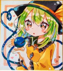 Rule 34 | 1girl, absurdres, black hat, black thighhighs, blouse, bow, buttons, diamond button, eyeball, frilled shirt collar, frilled sleeves, frills, green eyes, green hair, grey hair, hat, hat bow, hat ribbon, heart, heart of string, highres, komeiji koishi, open mouth, pafe yuzuran, ribbon, shirt, solo, thighhighs, third eye, touhou, traditional media, wide sleeves, yellow bow, yellow eyes, yellow ribbon, yellow shirt