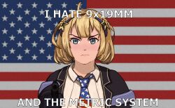 Rule 34 | 1girl, absurdres, ahoge, aiming, aiming at viewer, american flag, american flag background, american flag neckwear, blonde hair, blue eyes, collared shirt, english text, frown, girls&#039; frontline, gun, hair ornament, handgun, highres, holding, holding gun, holding weapon, jacket, looking at viewer, m1911, m1911 (girls&#039; frontline), m1911 (mod3) (girls&#039; frontline), medium hair, necktie, shirt, solo, star (symbol), star hair ornament, straight-on, the superweirdo, upper body, weapon, white shirt