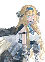 Rule 34 | 1girl, arknights, arm strap, bare shoulders, blonde hair, blue eyes, blue hairband, blue necktie, breasts, commentary request, echj, hair between eyes, hairband, highres, horns, large breasts, long hair, looking at viewer, necktie, pointy ears, pouch, saileach (arknights), shirt, simple background, smile, solo, upper body, very long hair, white background, white shirt