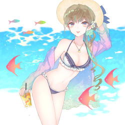Rule 34 | 1girl, angelfish, bare shoulders, bikini, blue bikini, brown hair, collarbone, cowboy shot, cup, disposable cup, drink, drinking straw, fish, frilled bikini, frills, halterneck, hand on headwear, hand up, hat, highres, holding, holding cup, jewelry, kuroyuki, long hair, looking at viewer, mismatched bikini, navel, necklace, off shoulder, original, see-through, solo, standing, sun hat, swimsuit, tongue, tongue out, tropical fish, water, white bikini, yellow eyes