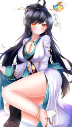 Rule 34 | 1girl, absurdres, ahoge, anklet, ara haan, black hair, blush, breasts, cleavage, commentary, commission, dress, earrings, elsword, english commentary, foot out of frame, hair ornament, hairpin, high ponytail, highres, jewelry, korean clothes, large breasts, long hair, looking at viewer, min1910, orange eyes, ponytail, simple background, sitting, solo, surya (elsword), thighs, very long hair, white background, white dress, white footwear, yokozuwari