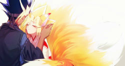Rule 34 | 2boys, animal ears, applying makeup, blonde hair, blue hair, dark-skinned male, dark skin, drinkdrink, closed eyes, face-to-face, facepaint, facial mark, facing another, fox boy, fox ears, fox tail, hand on another&#039;s cheek, hand on another&#039;s face, hands up, headband, highres, holding, holding paintbrush, japanese clothes, kemonomimi mode, long sleeves, male focus, multicolored hair, multiple boys, multiple tails, muto yugi, paintbrush, painting (action), ribbon-trimmed sleeves, ribbon trim, short hair, simple background, smile, spiked hair, tail, two-tone hair, upper body, white background, wide sleeves, yami yugi, yu-gi-oh!, yu-gi-oh! duel monsters
